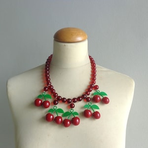 Red cherries  statement necklace bib necklace large necklace chunky necklace