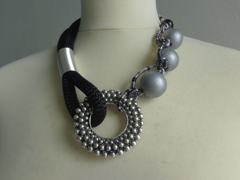 Silver black tribal statement colorful necklace