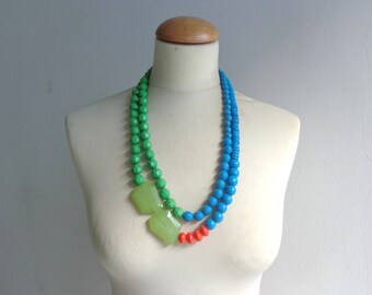 chunky necklace, blue orange pink gold necklace, multi strand statement necklace