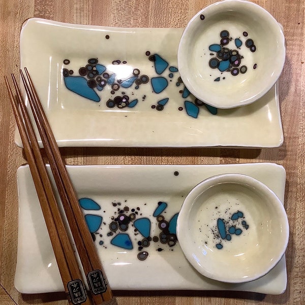 Modern Fused Glass Sushi Set / Organics on Ivory