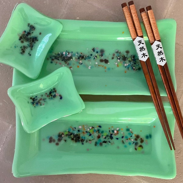 Fused Glass Sushi Set/ For 2 / Mint Green