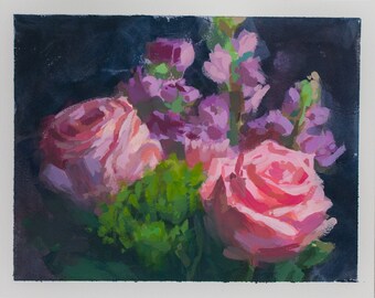 Rose  Bouquet - Original Painting 8x10" Acrylic Gouache  - FREE DOMESTIC SHIPPING