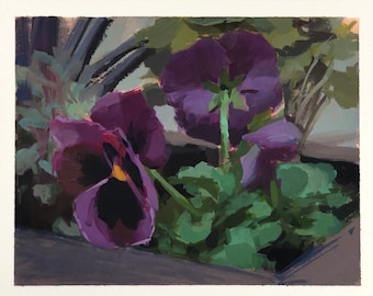 Pansies in a Planter - Original 8x10 Gouache Painting - Small Landscape Painting  - FREE DOMESTIC SHIPPING
