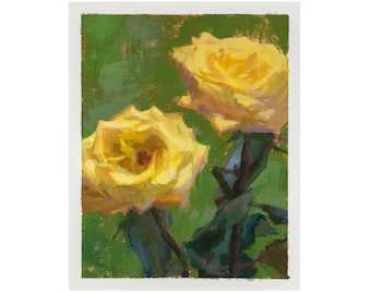 Yellow Roses - 8x10" Original Acrylic Gouache Flower Painting - FREE DOMESTIC SHIPPING