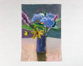 Colorful Flower Bouquet Original Gouache Painting 7x10" – Small Floral Wall Art, Free Shipping