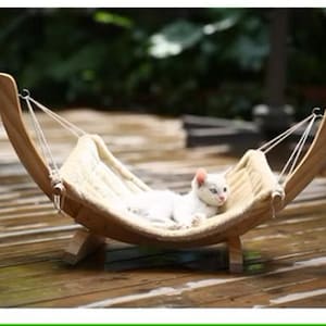 Könnte beinhalten: Eine weiße Katze, die in einer Hängematte aus Holz mit einer beigefarbenen Stoffauskleidung ruht. Die Hängematte wird von zwei Holzbeinen getragen.