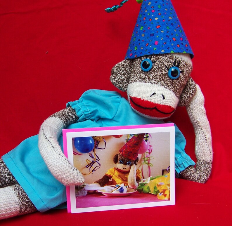 Humorous belated sock monkey birthday card featuring Monkey | Etsy