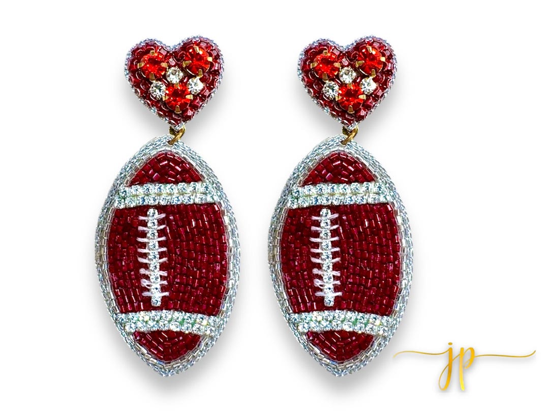 Burgundy Rhinestone Beaded Football Earrings With Heart | Game Day ...