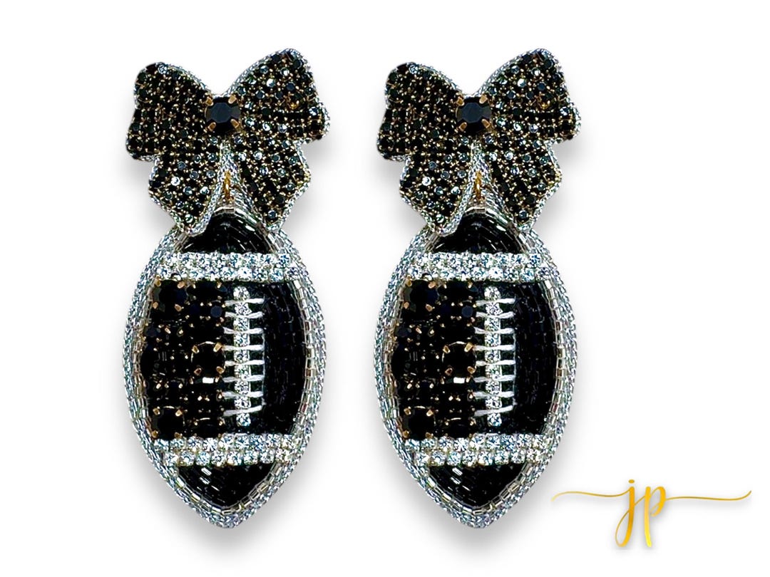 Black Rhinestone Beaded Football Earrings With Bows | Game Day Jewelry ...