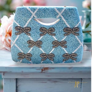 Clutch tipo caja con estructura de diamantes de imitación y lazo de cuentas azul Coquette con asas recortadas / Bolso de mano con cuentas / Bolso de noche / Bolso cruzado