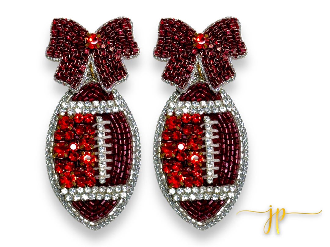 Burgundy Rhinestone Beaded Football Earrings With Bows | Game Day ...