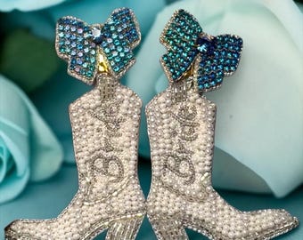 White Beaded Bride Cowboy Boot Earrings with Blue Rhinestone Bow Topper Bridal Jewelry