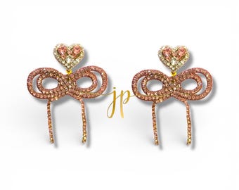 Pink Rhinestone String Bow Earrings with Heart Toppers | Valentines Jewelry