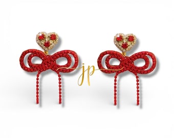 Red Rhinestone String Bow Earrings with Heart Toppers | Valentines Jewelry