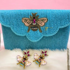 Bolso de mano Queen Bee con diamantes de imitación en color verde azulado / Bolso de mano con cuentas / Bolso de mano con cuentas / Bolso de noche / Bolso cruzado
