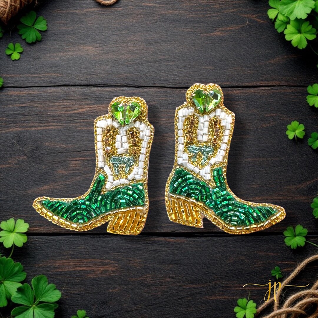 St Patrick’s Day Beaded Rhinestone Boot Stud Earrings With Clovers ...
