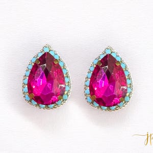 Fuschia and Turquoise Jewel Stud Earrings | 18k Gold Posts | Summer Jewelry | Event Earrings | Statement Earrings