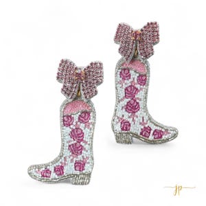 Porcelain Pink and White Rose Toile Pattern Coquette Cowboy Boot Earrings with  Rhinestone Bows | Beaded Statement Earrings  | Fall Jewelry