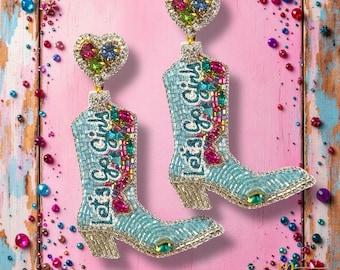 Let’s Go Girls Beaded Multicolored Rhinestone Cowgirl Boot Dangle Earrings with Hearts  | Rodeo Jewelry | Rodeo Earrings | Cowgirl Jewelry