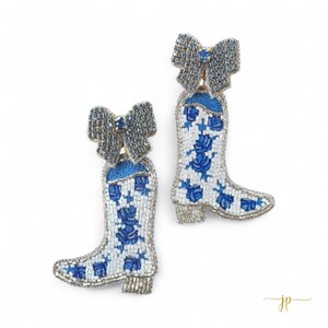 Porcelain Blue and White Rose Toile Pattern Coquette Cowboy Boot Earrings with  Rhinestone Bows | Beaded Statement Earrings  | Gift