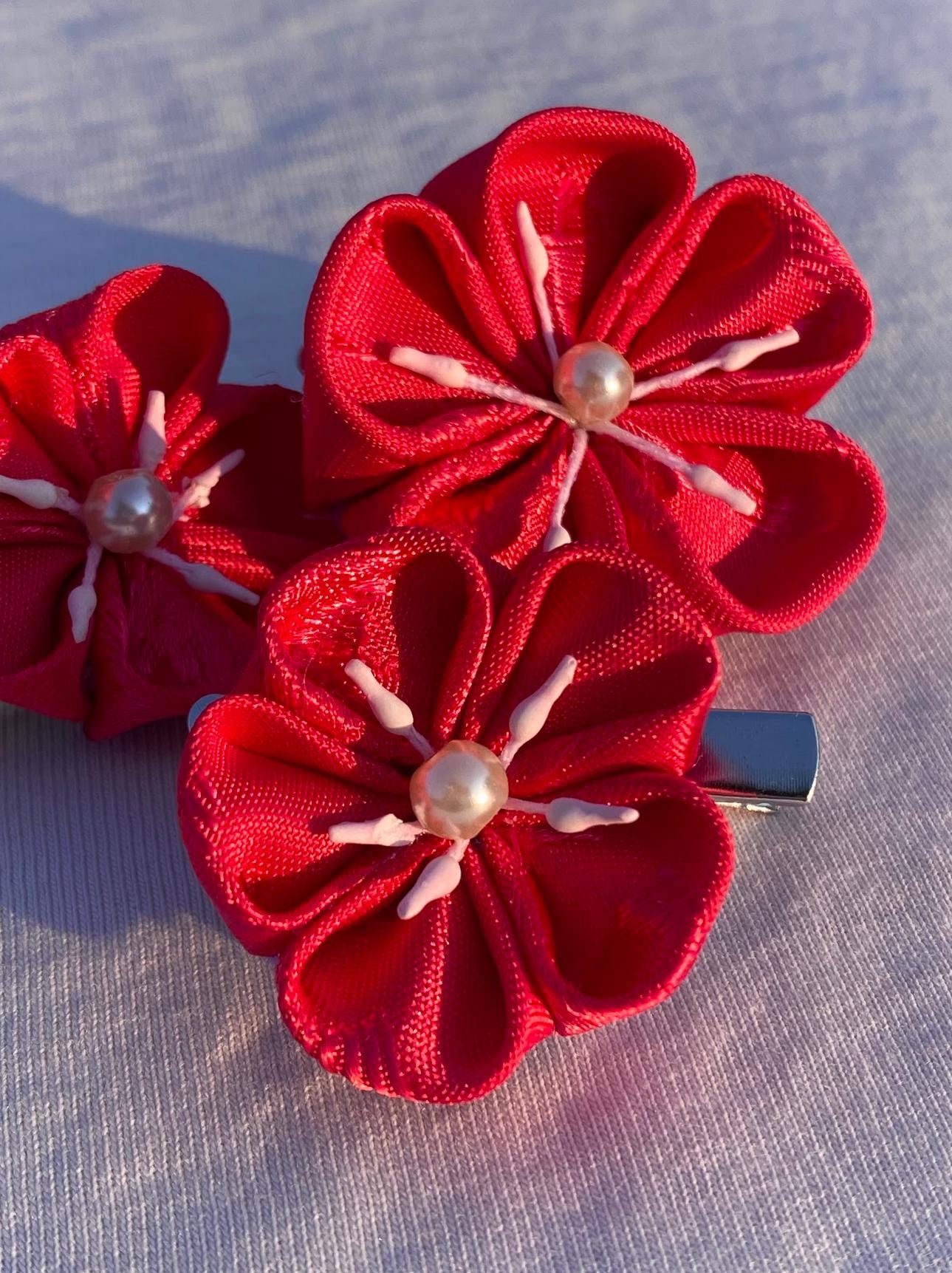 Kanzashi Hair Ornament With Red Plum Blossom Design With Green Accents GS522 Summer_Breeze_Fan_and_Plum_Blo  main image 4