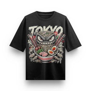 Ramen-Monster-T-Shirt | Japanisch Urlaub Tshirt Geschenk | Ramen-Liebhaber | Essen Humor Shirt | Anime Tshirt | Karton-Shirt | Unisex Oversize Tee