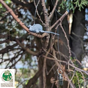 Puede incluir: Una pequeña figura de ratón gris posada en una rama de árbol. El ratón tiene una cola larga y está suspendido por un alambre fino. Un pequeño objeto cilíndrico cuelga debajo. El fondo es una vista borrosa de ramas y follaje.