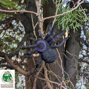 Puede incluir: Un juguete de peluche de araña negro y morado colgado de una rama de árbol. La araña tiene una textura peluda y es una decoración popular de Halloween.