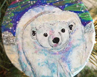 Polar Bear Aurora Borealis Ornament, Handmade Upcycled Ornament, Sweet Polar Bear