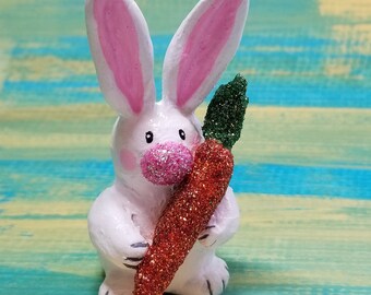 Adorable Bunny Figurine, Easter Bunny Sculpture, Bunny and Carrot, Easter Bunny Gift