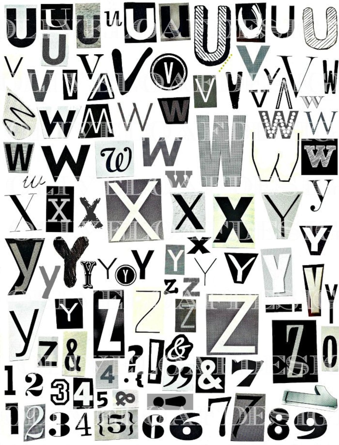 Printable Digital Alphabet Black White Grey Series A To Z 1 10 Cutout
