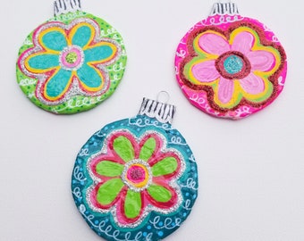 Flat Flower Power Brightly Ornament, Handmade Ornament