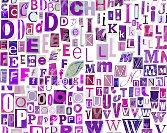 Purple Printable Digital Alphabet, A to Z, Symbols, Magazine Letters, Collage Letters, Learning Letters