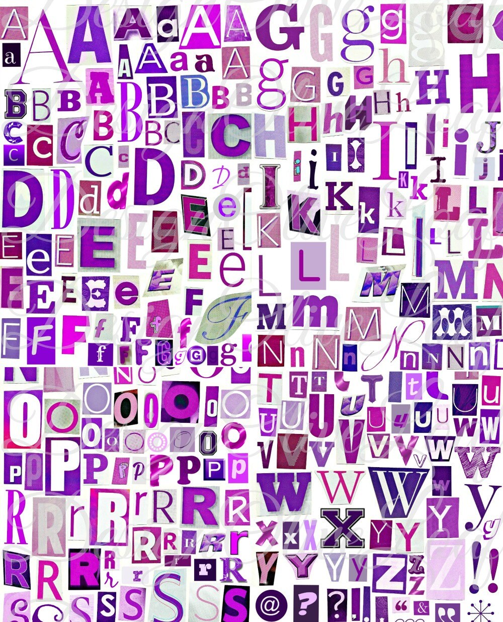 Purple Printable Digital Alphabet, A to Z, Symbols, Magazine Letters