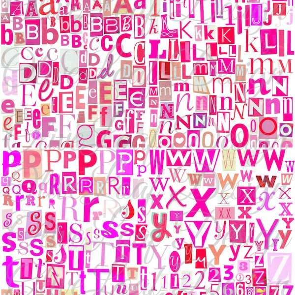 Alphabet numérique imprimable rose, A à Z, symboles et chiffres, Saint-Valentin, lettres de magazine, lettres de collage, demande de rançon