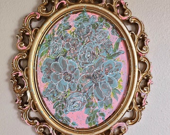 Floral Painting with Ornate Gold Frame, Abstract Floral, Modern Floral Painting