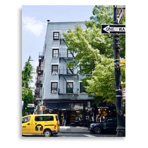 NYC Cafe Art Print with Yellow Cab, Modern Cityscape, Cafe and Metropolitan Vibe