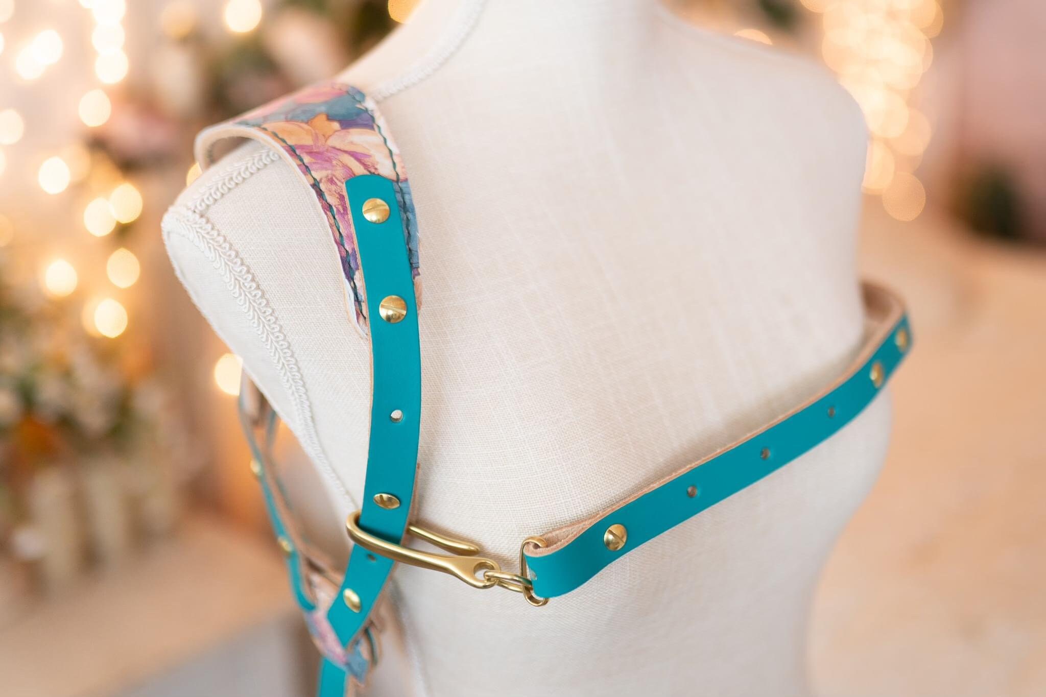 Floral Turquoise Leather & Brass Camera Halter