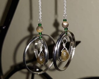 Argentium silver .935 spinner earrings with laboradite, abalone and green glass beads