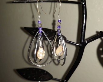 Argentium silver .935 spinner earrings w/abalone and natural blue zircon beads