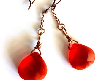 Bright red- faceted glass hearts-copper chain earrings- 2 1/2 in long dangle