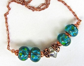 OOAK Necklace Turquoise lamp work glass beads animal face metal bead with copper necklace