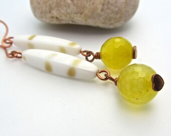 Lemon yellow faceted quartz gemstone beads ~  long vintage white gold beaded EARRINGS~SALE