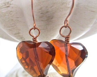 Amber Faceted Glass Heart Earrings, Copper Earwires, Dangles, Faceted Heart, Sparkle, OOAK