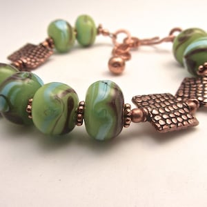 Square copper snakeskin pattern bead lime green lampwork handmade bracelet matching set available 10% off sett image 1