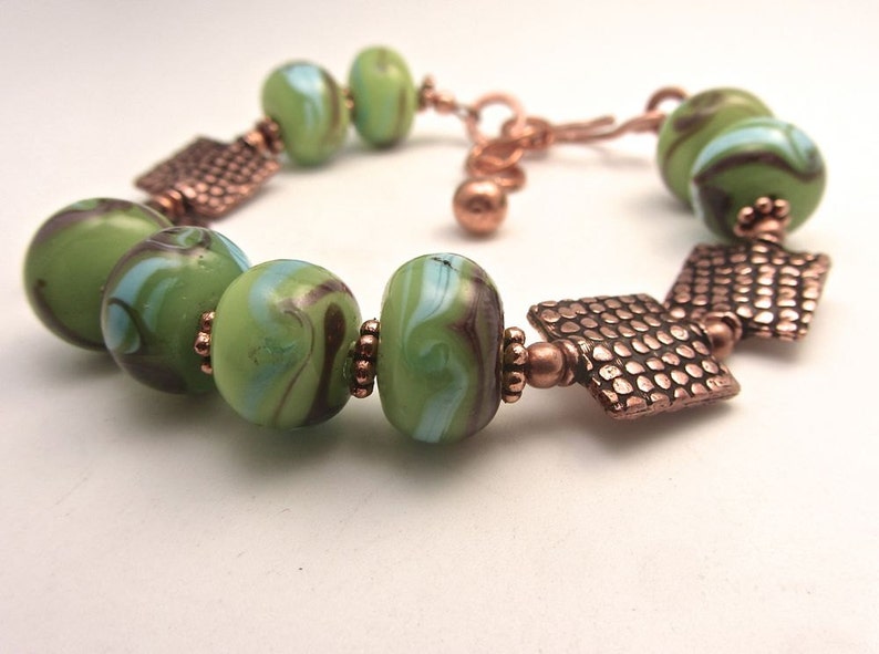 Square copper snakeskin pattern bead lime green lampwork handmade bracelet matching set available 10% off sett image 1
