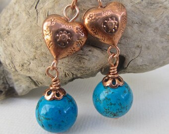 Turquoise magnesite and copper heart earrings-long dangles-2 1/2 in.