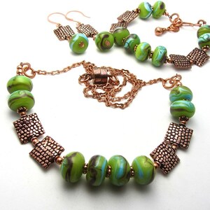 Square copper snakeskin pattern bead lime green lampwork handmade bracelet matching set available 10% off sett image 5