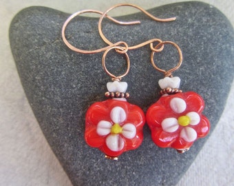 SALE- Red, white porcelain beaded copper earrings - summer fashion, lampwork beads, white flower earrings, red earrings