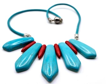 Turquoise and coral gemstone BIB Necklace, magnesite gemstone, genuine leather cord chain, magnetic clasp, 18 inches